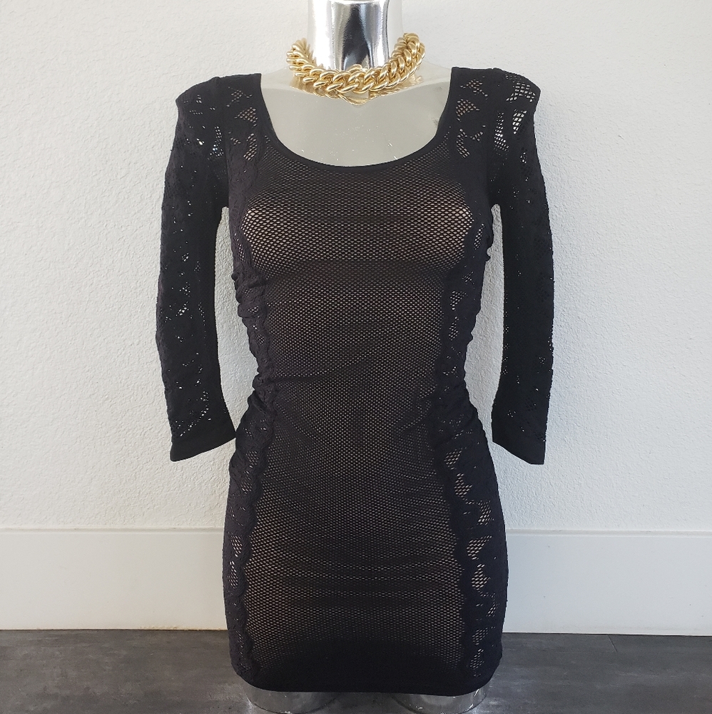 Black Nude Double Layered Bebe Bodycon Mini